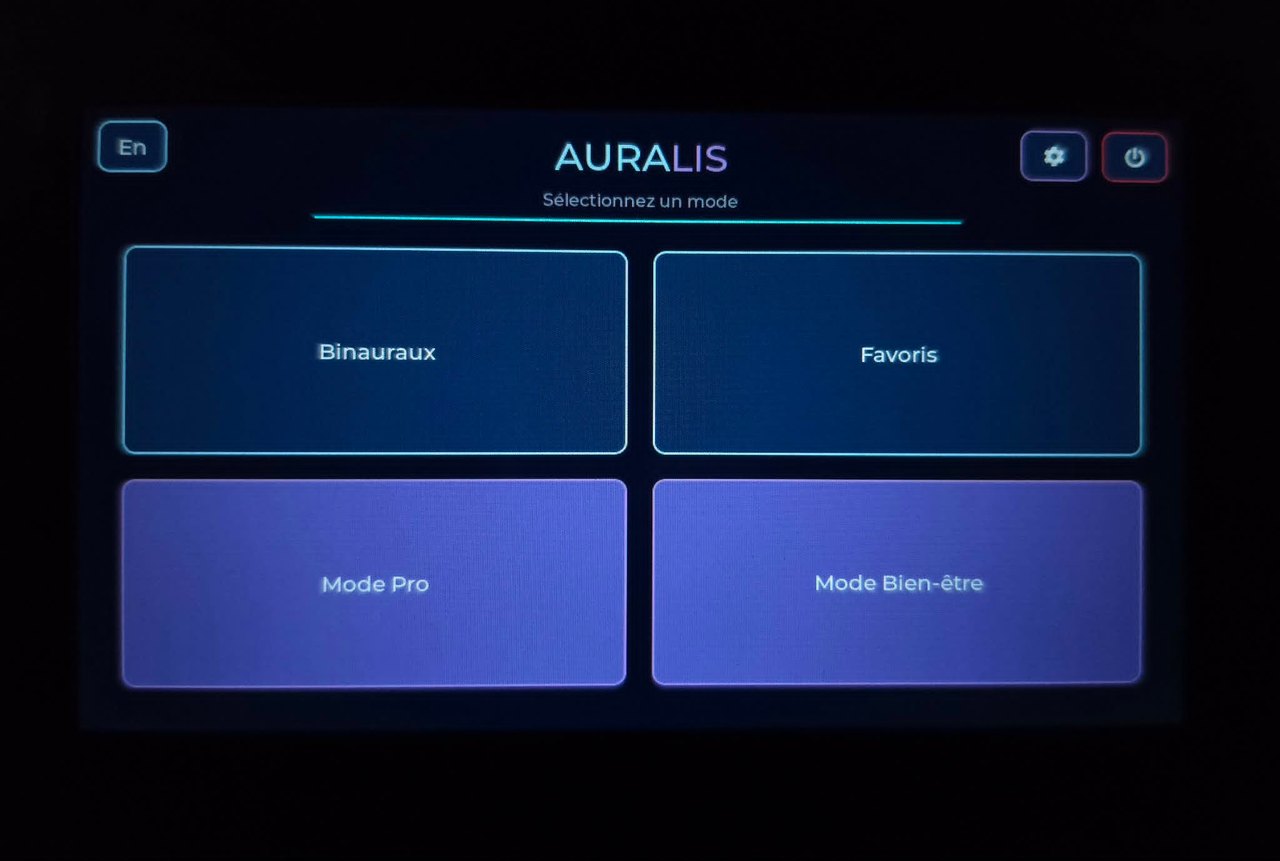 Menu principal d'Auralis : Binauraux, Favoris, Mode Pro, Mode Bien-être