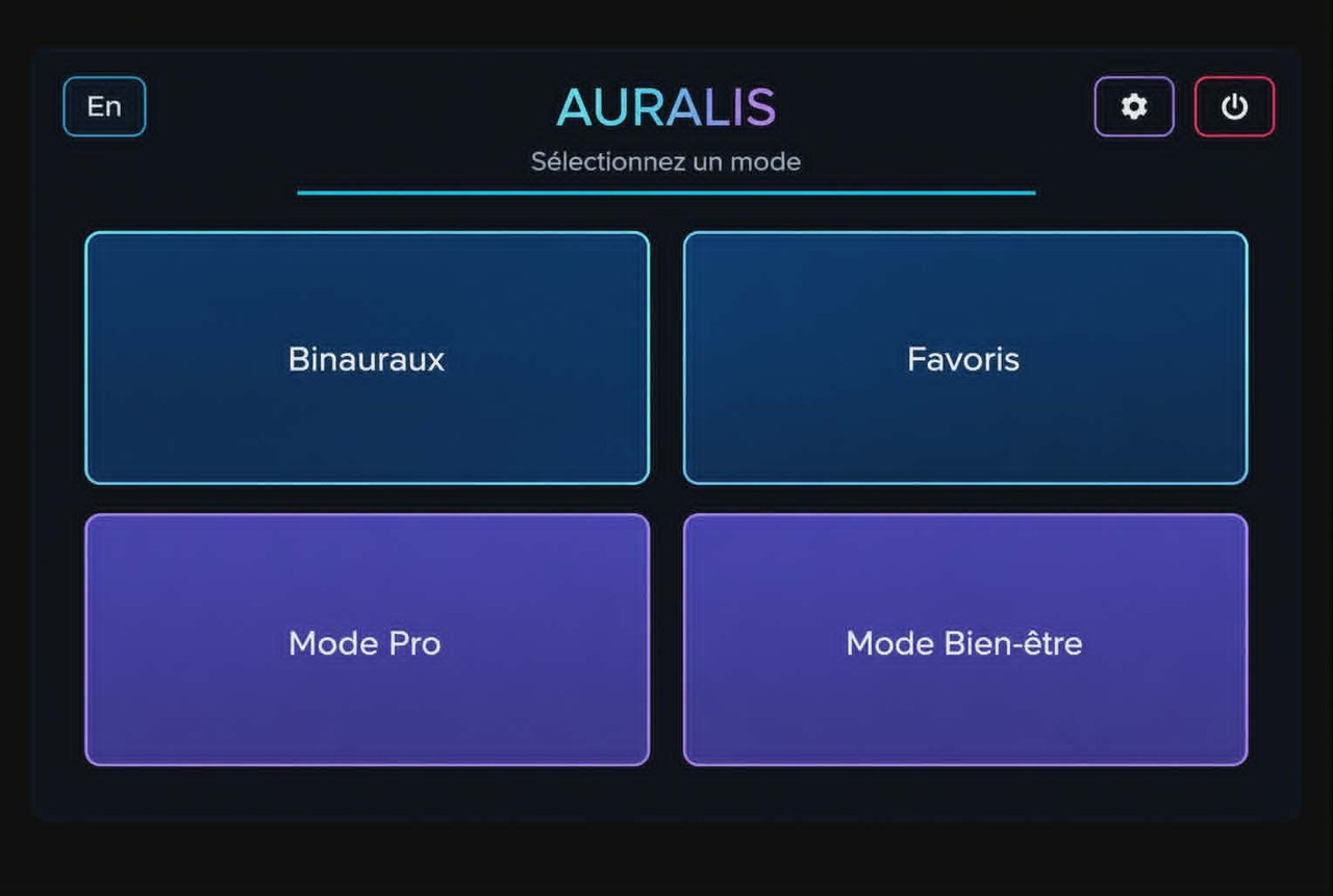 Menu principal d'Auralis : Binauraux, Favoris, Mode Pro, Mode Bien-être